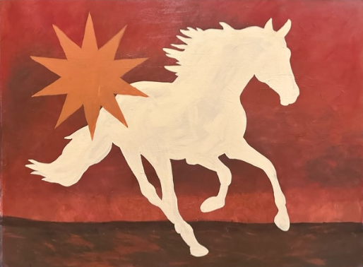 A white horse silhouette gallops with an orange multi-pointed starburst on its back, set against a reddish-brown sky and dark brown ground.