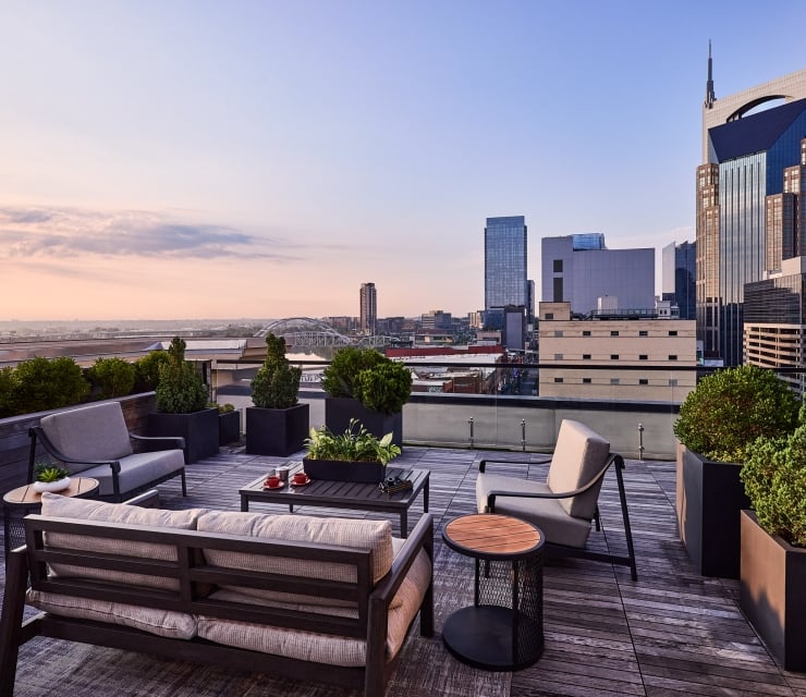 The presidential suite patio at Untitled Nashville Hotel, overlooking the city
