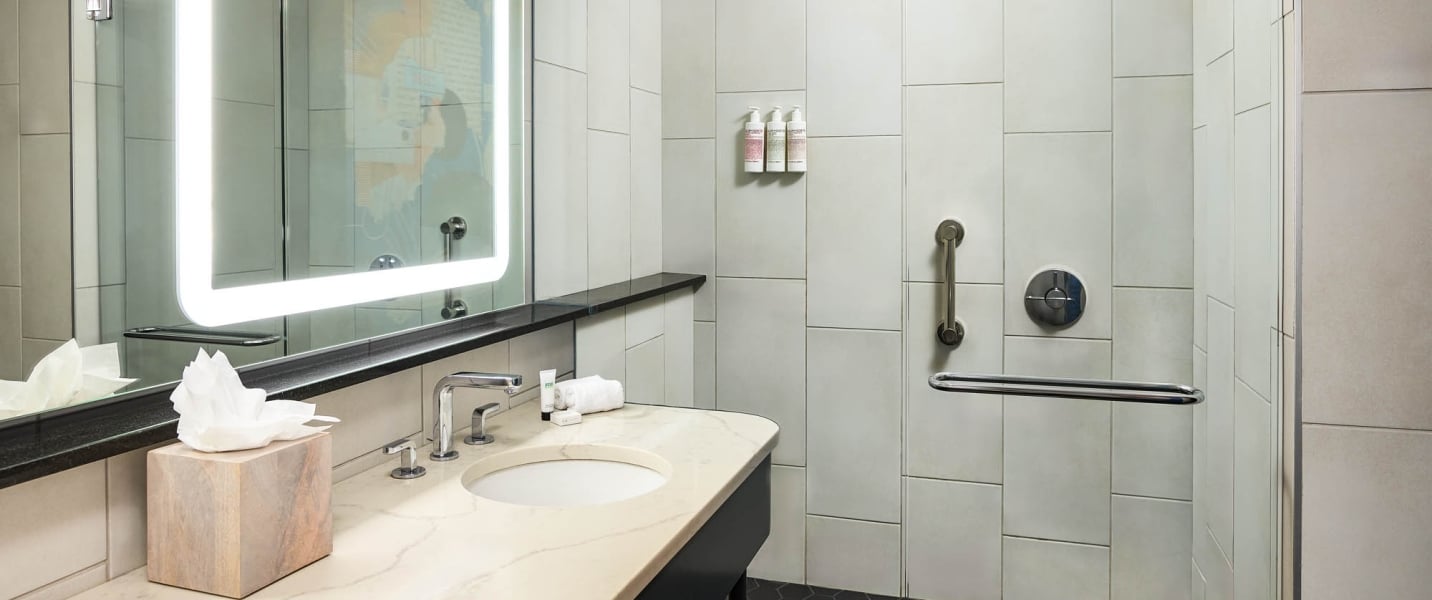 A modern bathroom displays a lighted mirror over a vanity with a sink. An adjacent shower area features grab bars and wall-mounted toiletries against light-colored tiles.