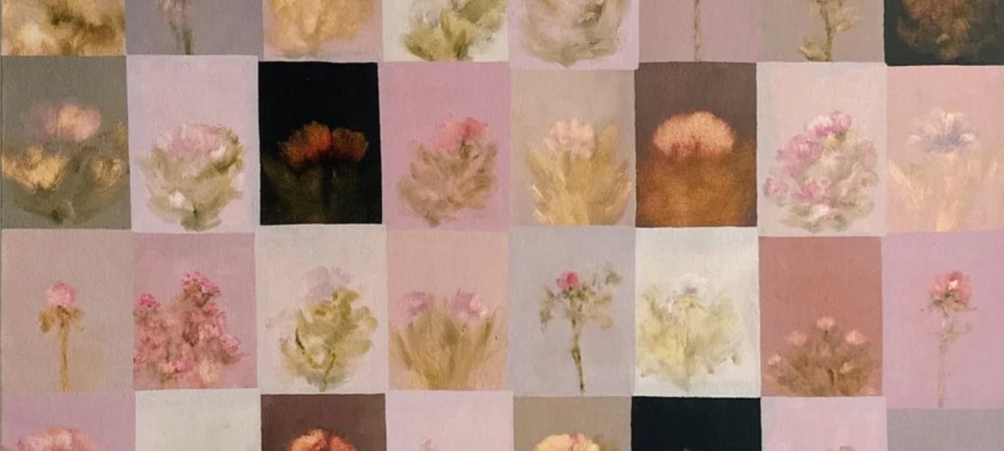 Patchwork of pastel squares each containing a small pale pink watercolor flower bouquet, forming a soft floral mosaic.